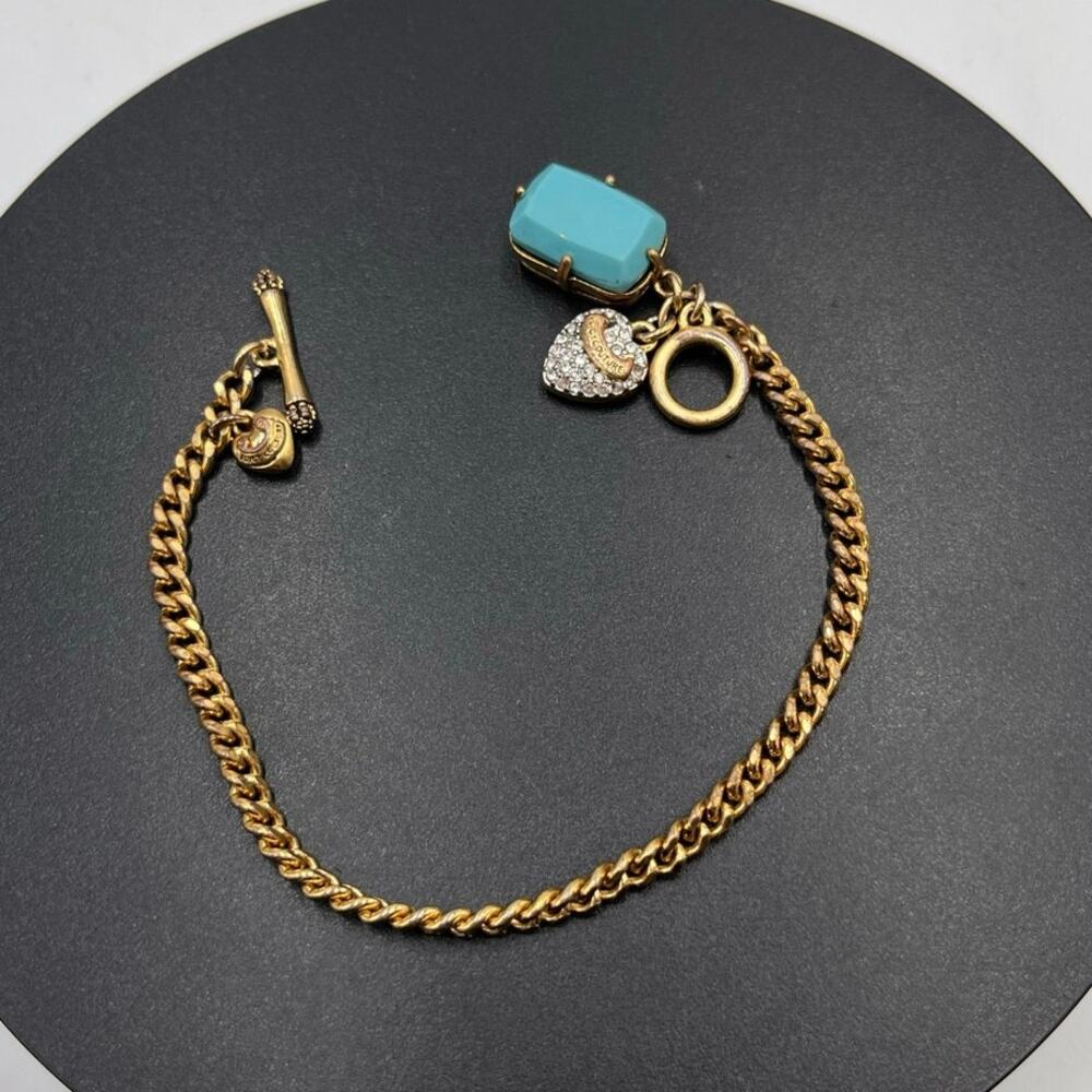 Juicy Couture Vintage Turquoise Color Stone Pave Heart Charms Chain Bracelet